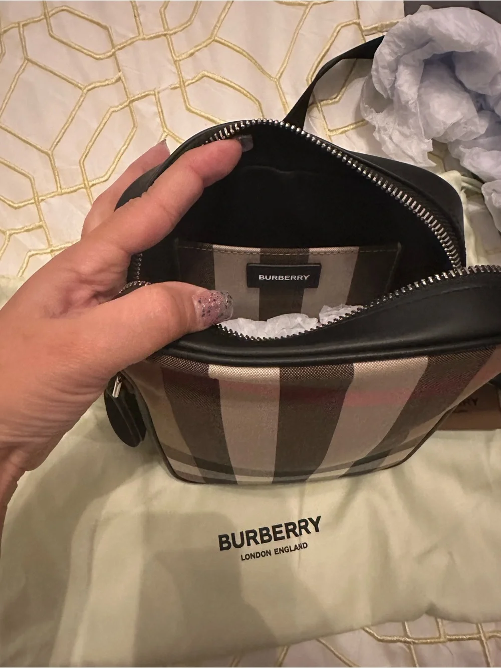 Burberry Check Canvas Crossbody Bag in Brown, Black, Cream